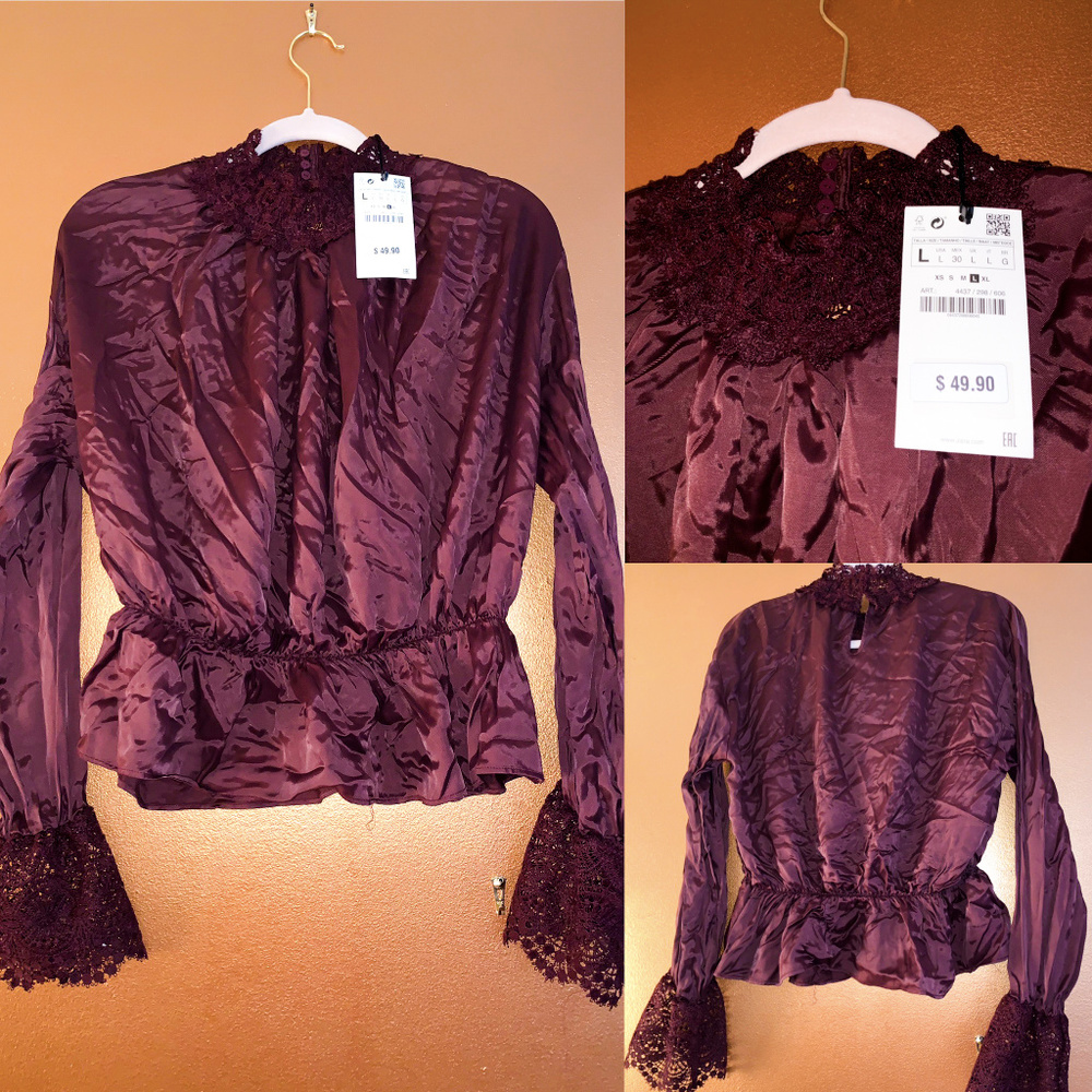 ZARA Ruffed Lace Long Sleeve Blouse Top Maroon